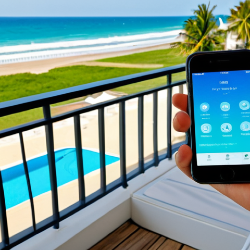 A calm adult individual, fully clothed in modest, professional attire suitable for a relaxed vacation, looking at a smartphone. Sitting comfortably on a resort balcony overlooking a serene beach during the day. The smartphone screen clearly displays an interface of a home security app with a safe view of a living room from a smart camera. The person's expression is serene, conveying peace of mind. Professional photography, high resolution, natural lighting, perfect anatomy, correct proportions, natural pose, well-formed hands, proper finger count, natural body proportions, safe for work, appropriate content, fully clothed, modest, family-friendly.