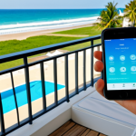 A calm adult individual, fully clothed in modest, professional attire suitable for a relaxed vacation, looking at a smartphone. Sitting comfortably on a resort balcony overlooking a serene beach during the day. The smartphone screen clearly displays an interface of a home security app with a safe view of a living room from a smart camera. The person's expression is serene, conveying peace of mind. Professional photography, high resolution, natural lighting, perfect anatomy, correct proportions, natural pose, well-formed hands, proper finger count, natural body proportions, safe for work, appropriate content, fully clothed, modest, family-friendly.