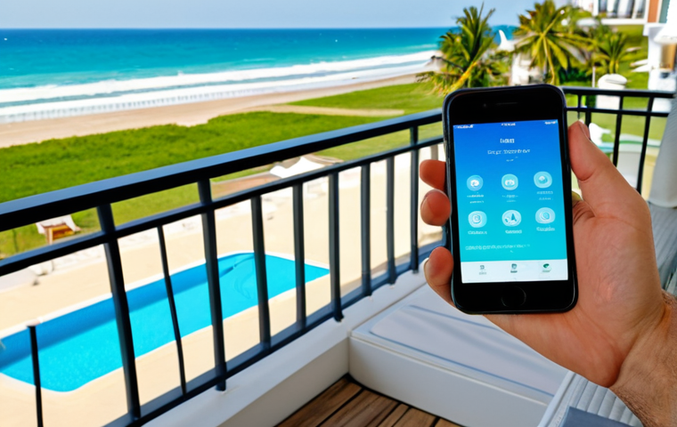 A calm adult individual, fully clothed in modest, professional attire suitable for a relaxed vacation, looking at a smartphone. Sitting comfortably on a resort balcony overlooking a serene beach during the day. The smartphone screen clearly displays an interface of a home security app with a safe view of a living room from a smart camera. The person's expression is serene, conveying peace of mind. Professional photography, high resolution, natural lighting, perfect anatomy, correct proportions, natural pose, well-formed hands, proper finger count, natural body proportions, safe for work, appropriate content, fully clothed, modest, family-friendly.